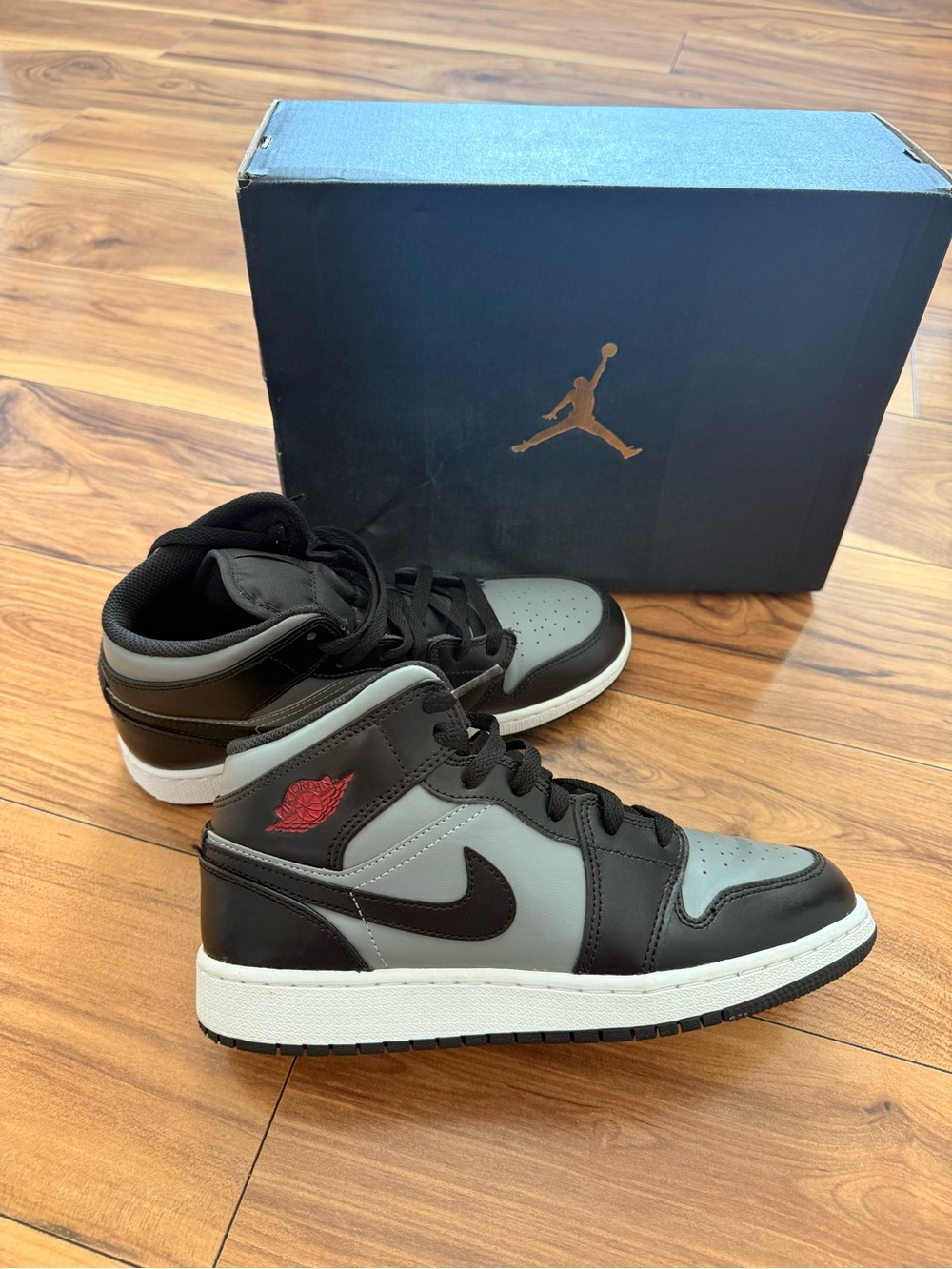 Nike Air Jordan 1 Mid - Black and Gray with Red Accent kids 7Y